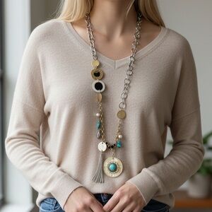 Chico’s Boho Charm Statement Necklace Turquoise Gold 36” + 4” Ext NWT (BR1010/3)